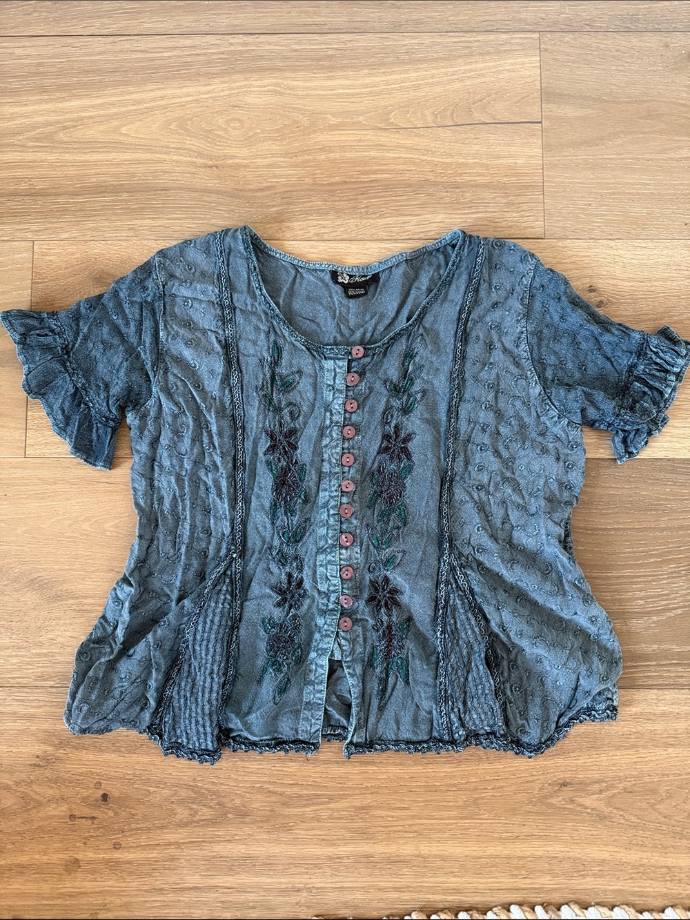 Y2k tie back Embroidered Blue Button-Front Women's Top